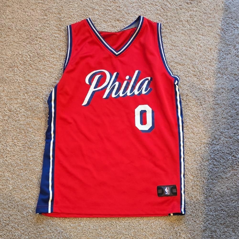 Fanatics Red Basketball Jersey with Blue and White Trim Maxey Sixers Phila